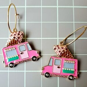 Cute Pink Enamel Jeweled Ice Cream Truck Gold Tone Hoop Earrings 1"